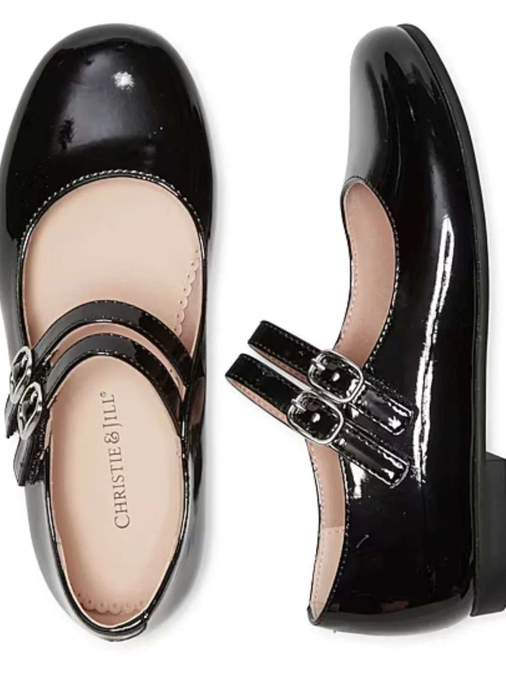 Christie & Jill Girls' Black Patent Double-Strap Mary Janes